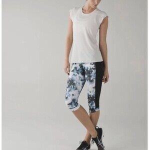 Lululemon Stop At Nothing Crop Leggings Black Mini Blooming Pixie Aquamarine 6